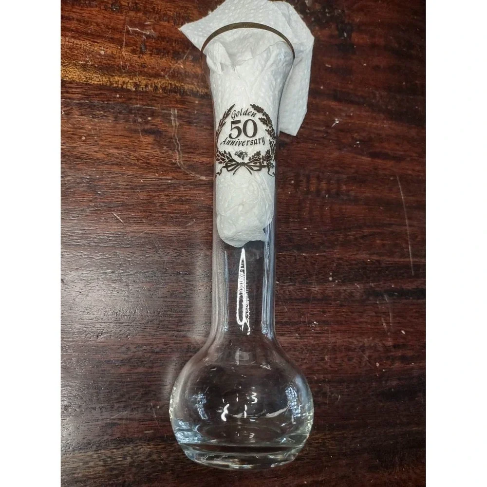 Golden 50th Anniversary Clear Glass Bud Vase with Gold Trim – Vintage...